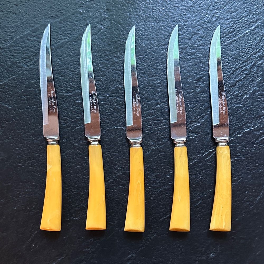 Set of 5 Bakelite Egg Yolk Yellow Handled Steak Knives Vintage Made in U.S.A.